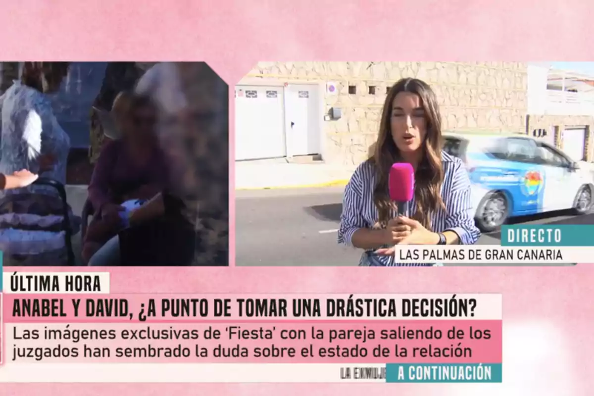 Arabella Otero con un micrófono rosa está en Las Palmas de Gran Canaria, junto a un texto que menciona a Anabel y David y una posible decisión drástica, con imágenes exclusivas que generan dudas sobre su relación. Arabella Otero con un micrófono rosa está en Las Palmas de Gran Canaria, junto a un texto que menciona a Anabel y David y una posible decisión drástica, con imágenes exclusivas que generan dudas sobre su relación.