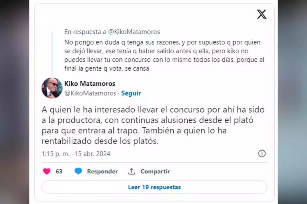 Captura de la respuesta de Kiko Matamoros a un usuario de Twitter sobre el concurso de su hija Laura Captura de la respuesta de Kiko Matamoros a un usuario de Twitter sobre el concurso de su hija Laura