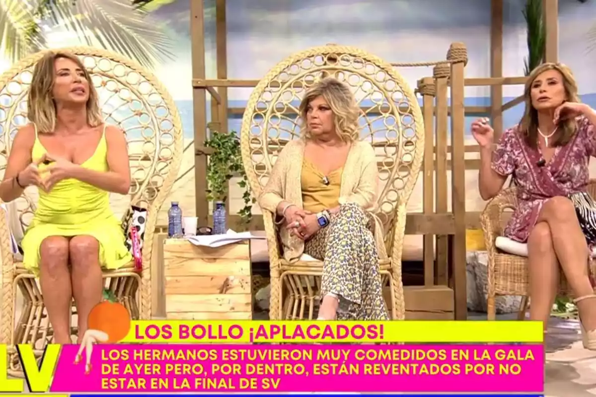 Captura de pantalla de 'Sálvame' mostrando a María Patiño y a Gema López discutiendo sobre la final de 'Supervivientes 2023' Captura de pantalla de 'Sálvame' mostrando a María Patiño y a Gema López discutiendo sobre la final de 'Supervivientes 2023'