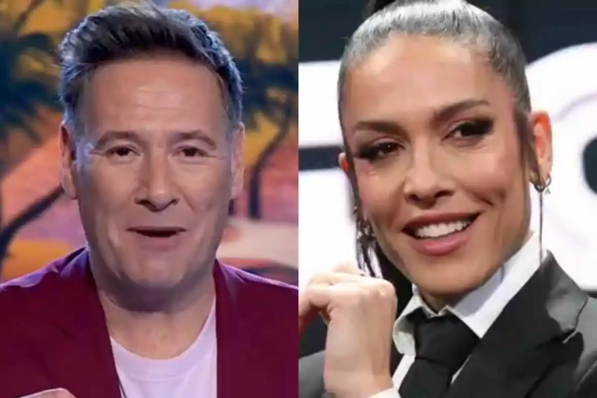 Dos personas sonrientes en un montaje de fotos lado a lado, Carlos Latre con chaqueta roja en Babylon Show y Lorena Castell con traje negro en Caiga quien Caiga. Dos personas sonrientes en un montaje de fotos lado a lado, Carlos Latre con chaqueta roja en Babylon Show y Lorena Castell con traje negro en Caiga quien Caiga.