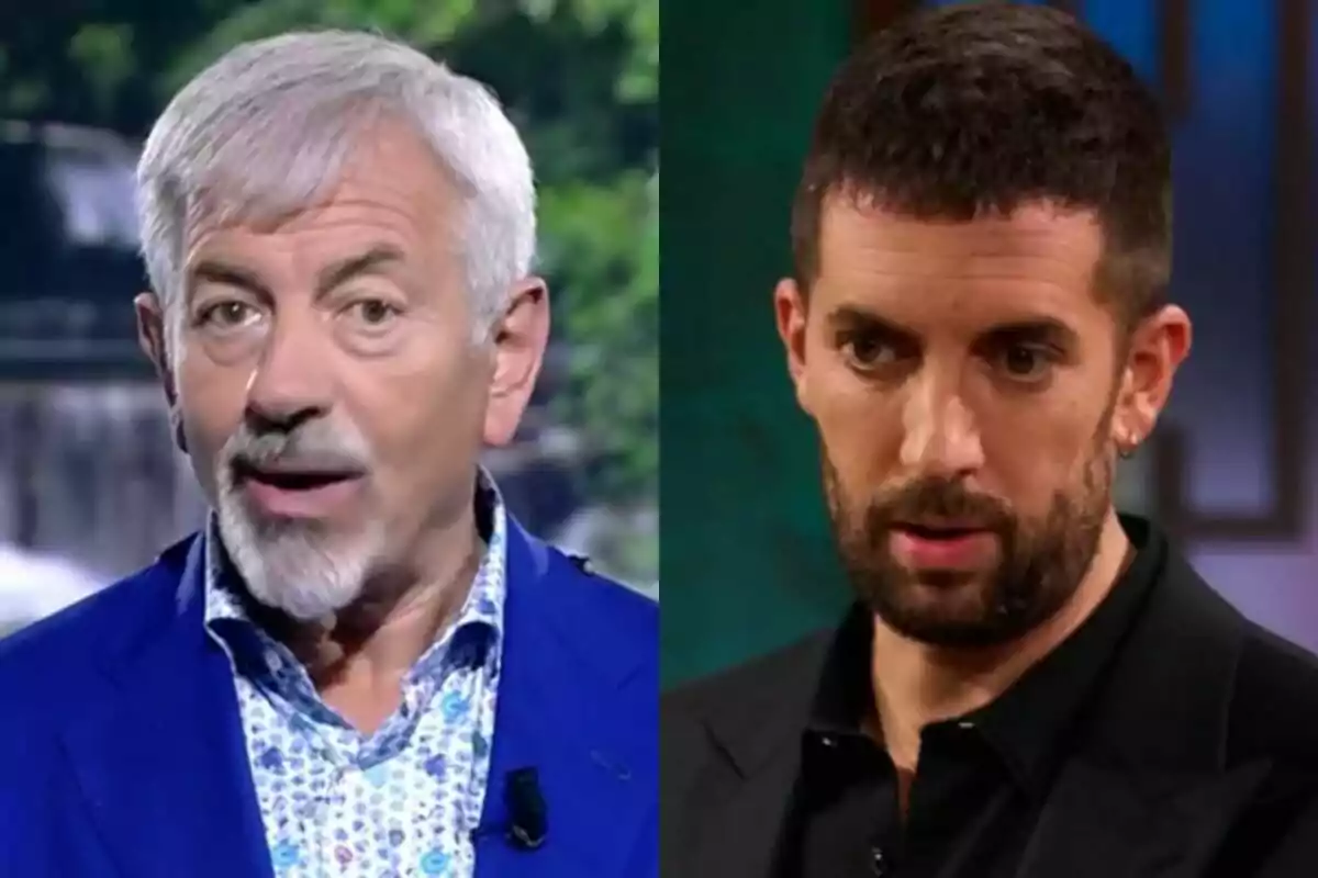 Dos hombres en una imagen dividida, Carlos Sobera con cabello canoso y barba en Supervivientes, vistiendo un traje azul, y David Broncano con cabello oscuro y barba, vistiendo un traje negro, en La Revuelta.