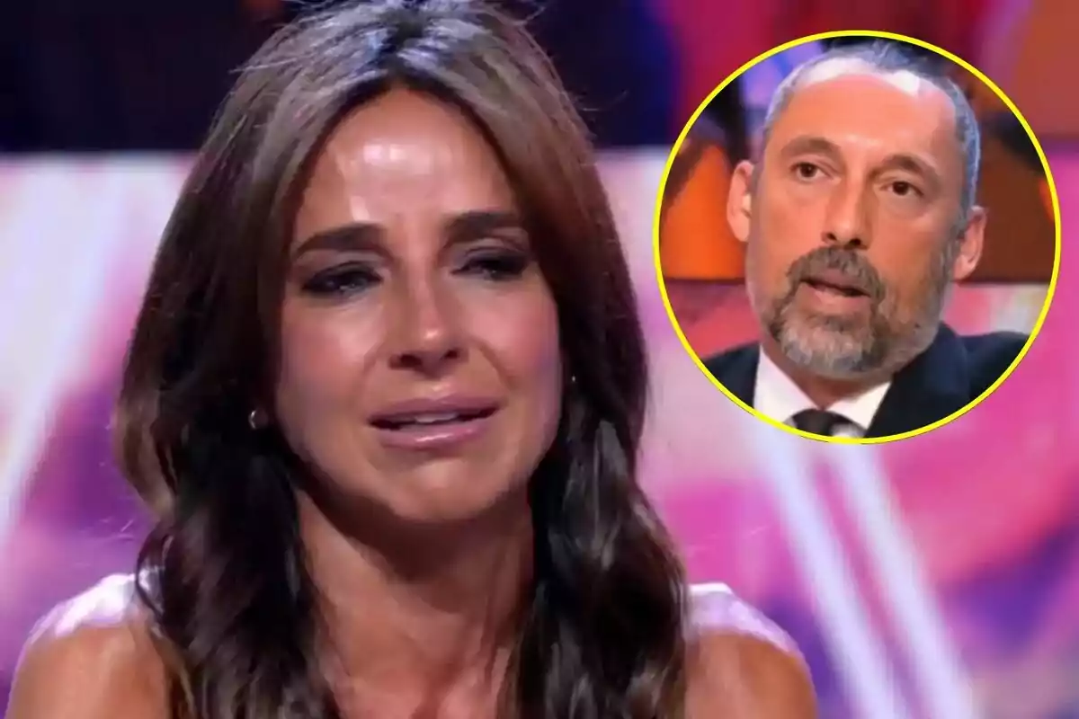 Carmen Alcayde llorando en primer plano en De Viernes con José Antonio León en un recuadro circular al fondo