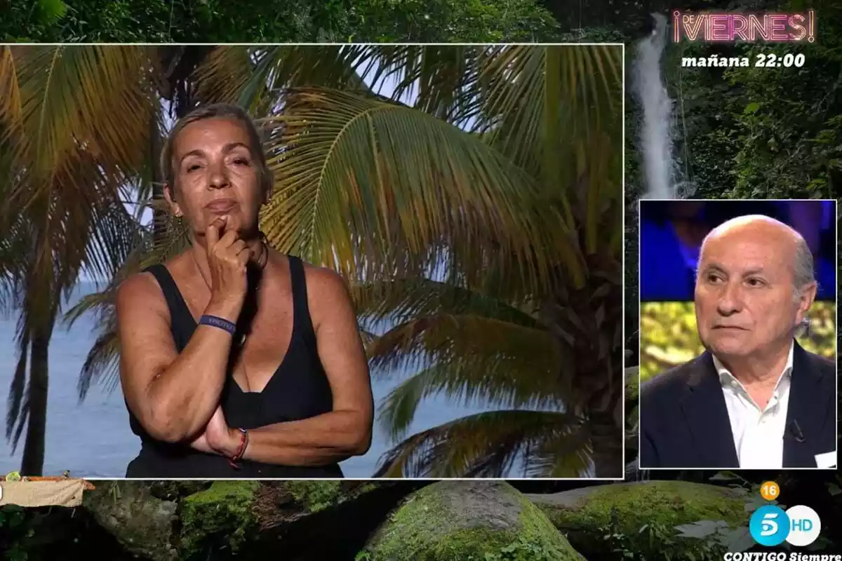 Captura de Carmen Borrego en la isla junto a José Carlos Bernal en el plató de Supervivientes Captura de Carmen Borrego en la isla junto a José Carlos Bernal en el plató de Supervivientes