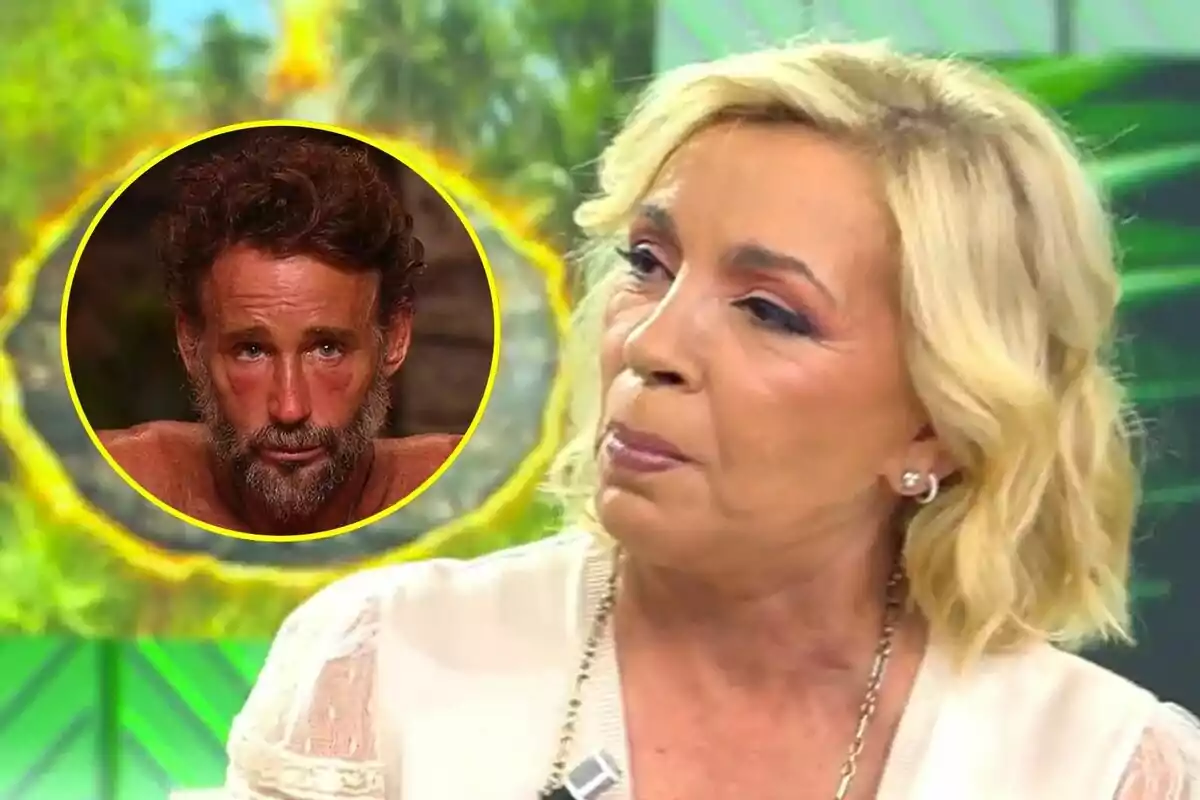 Carmen Borrego rossa amb expressió seriosa a Vamos a ver amb la imatge d’Álvaro Muñoz Escassi barbut a Supervivientes emmarcada en un cercle groc al fons