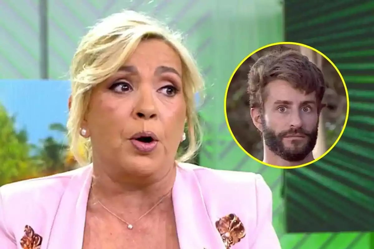 Carmen Borrego rossa amb expressió sorpresa a Vamos a ver, amb un requadre que mostra Pelayo Díaz amb barba a la cantonada superior dreta a Supervivientes.