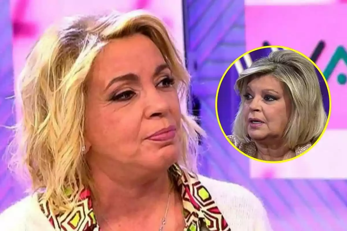 Carmen Borrego rossa a Vamos a ver amb un requadre que mostra a Terelu Campos rossa al fons.