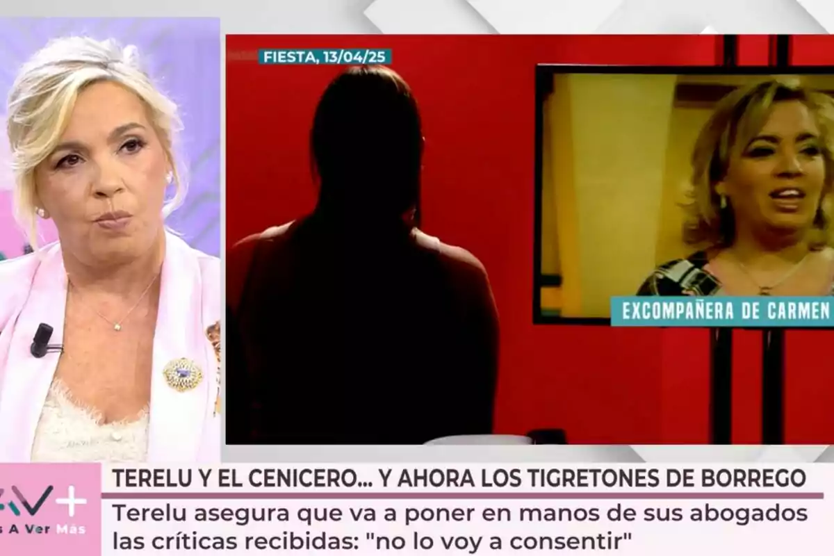 Carmen Borrego rubia en 'Vamos a ver', con un recuadro que muestra a otra persona en una pantalla y un texto en la parte inferior que menciona una declaración sobre críticas y abogados. Carmen Borrego rubia en 'Vamos a ver', con un recuadro que muestra a otra persona en una pantalla y un texto en la parte inferior que menciona una declaración sobre críticas y abogados.