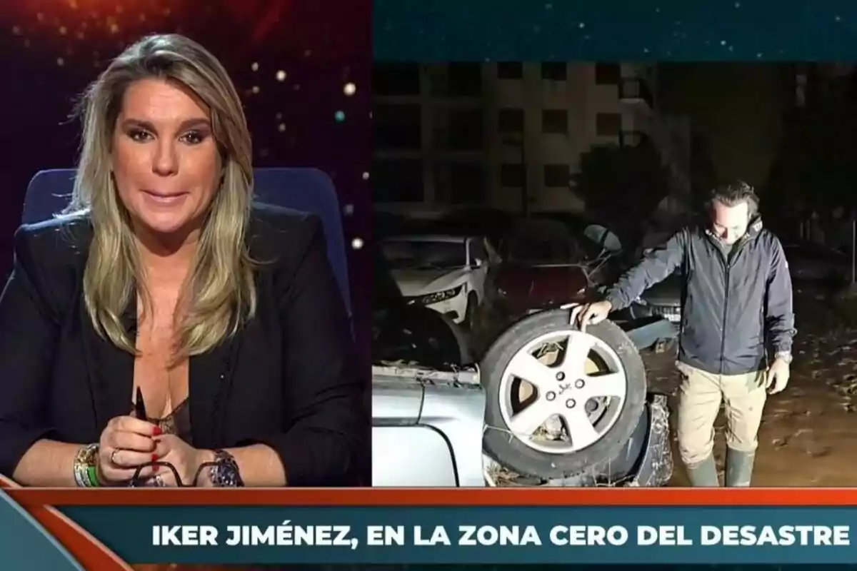 Carmen Porter en el plató de Horizonte mientras en la pantalla se muestra a Iker Jiménez emocionado en una zona afectada por un desastre natural sosteniendo una llanta. Carmen Porter en el plató de Horizonte mientras en la pantalla se muestra a Iker Jiménez emocionado en una zona afectada por un desastre natural sosteniendo una llanta.