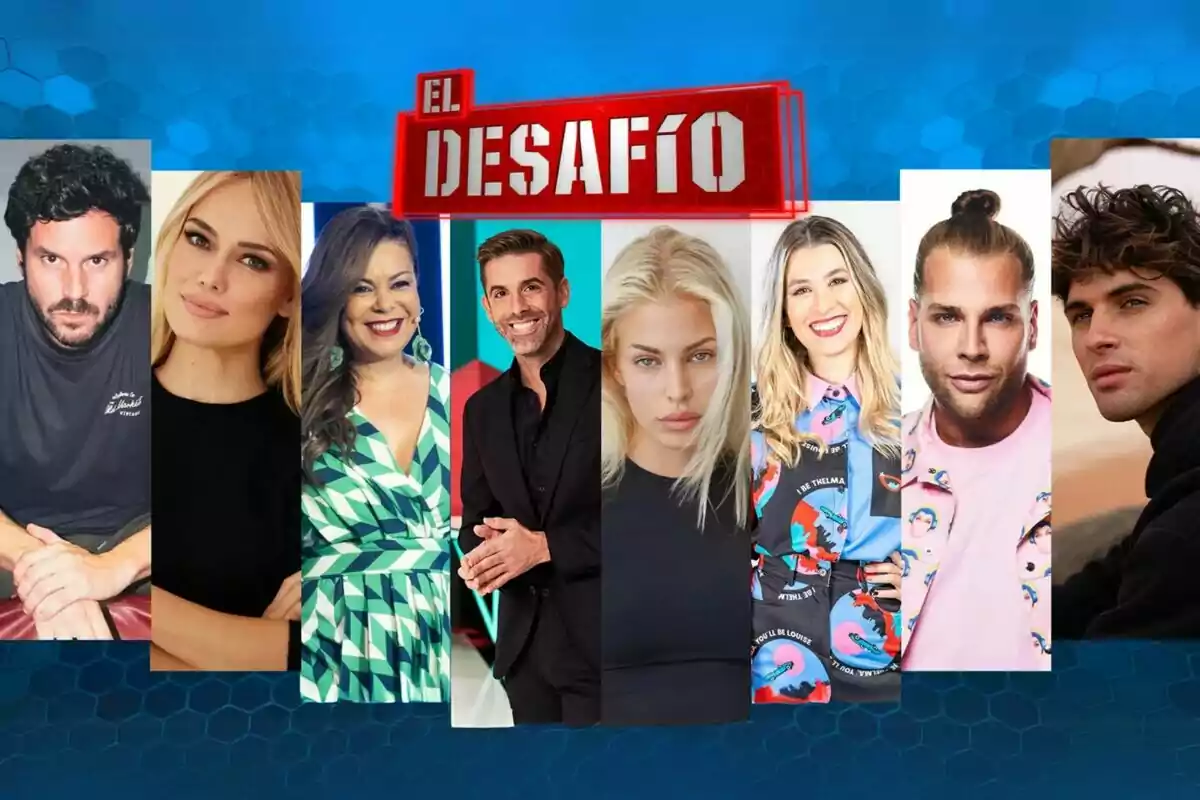 Jessica Goicoechea, Willy Bárcenas, Eva Soriano, Daniel Illescas, José Yélamo, Patricia Conde, Eduardo Navarrete y María José Campanario posando frente a un fondo azul con el logo de Jessica Goicoechea, Willy Bárcenas, Eva Soriano, Daniel Illescas, José Yélamo, Patricia Conde, Eduardo Navarrete y María José Campanario posando frente a un fondo azul con el logo de