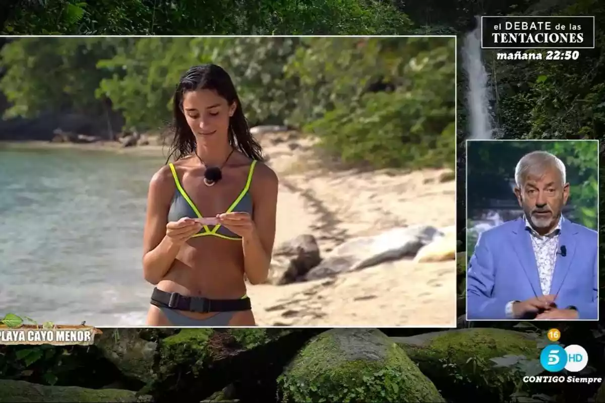 Captura de Claudia Martínez con un predictor en Supervivientes junto a Carlos Sobera Captura de Claudia Martínez con un predictor en Supervivientes junto a Carlos Sobera