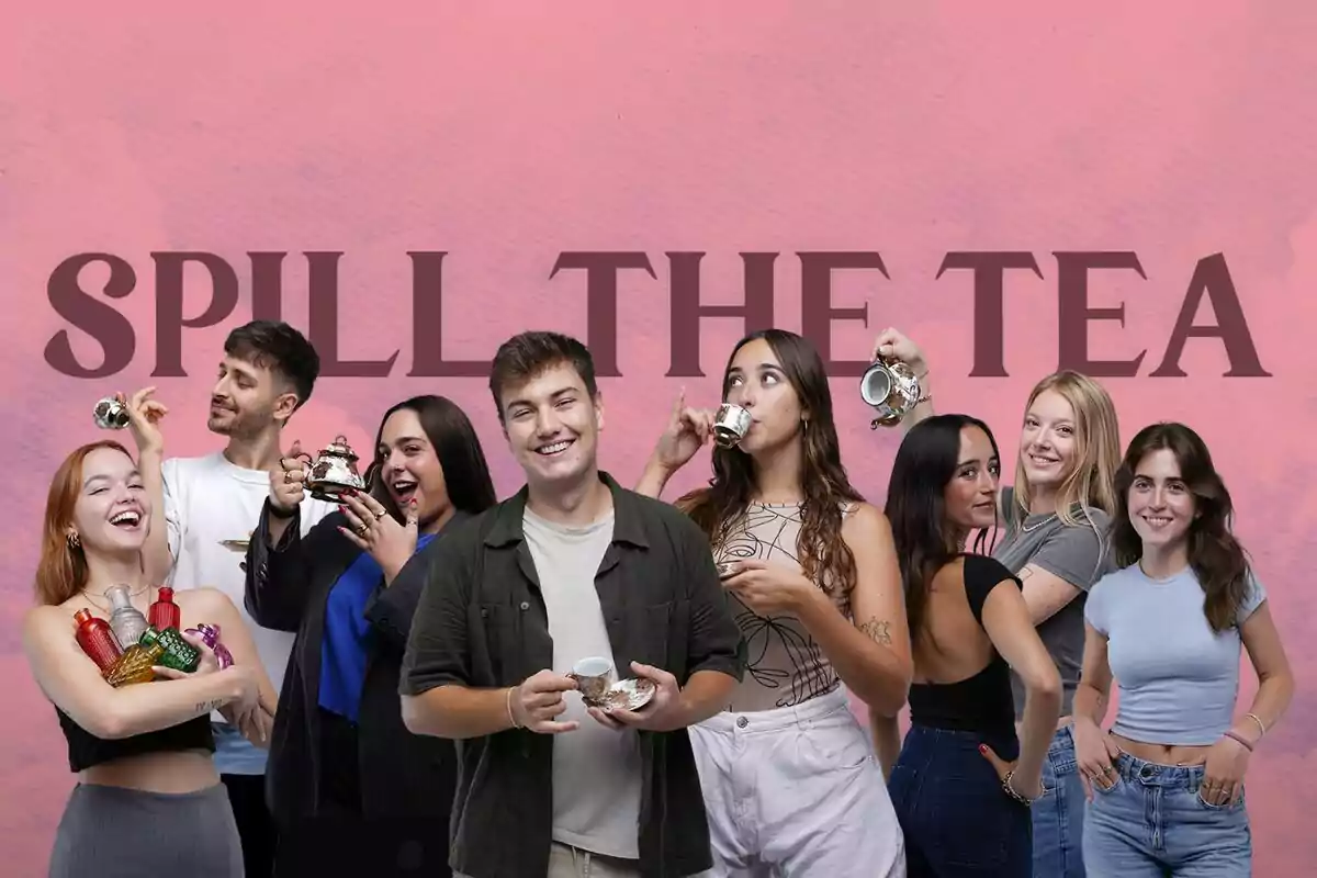 Gerryquerryberry, Carla Junyent, Nadine Romero, Can Putades, Marta Garriga i Polyklin sostenint tasses i teteres davant d'un fons rosa amb el text “SPILL THE TEA”, promocionant la segona temporada de Climax Gerryquerryberry, Carla Junyent, Nadine Romero, Can Putades, Marta Garriga i Polyklin sostenint tasses i teteres davant d'un fons rosa amb el text “SPILL THE TEA”, promocionant la segona temporada de Climax