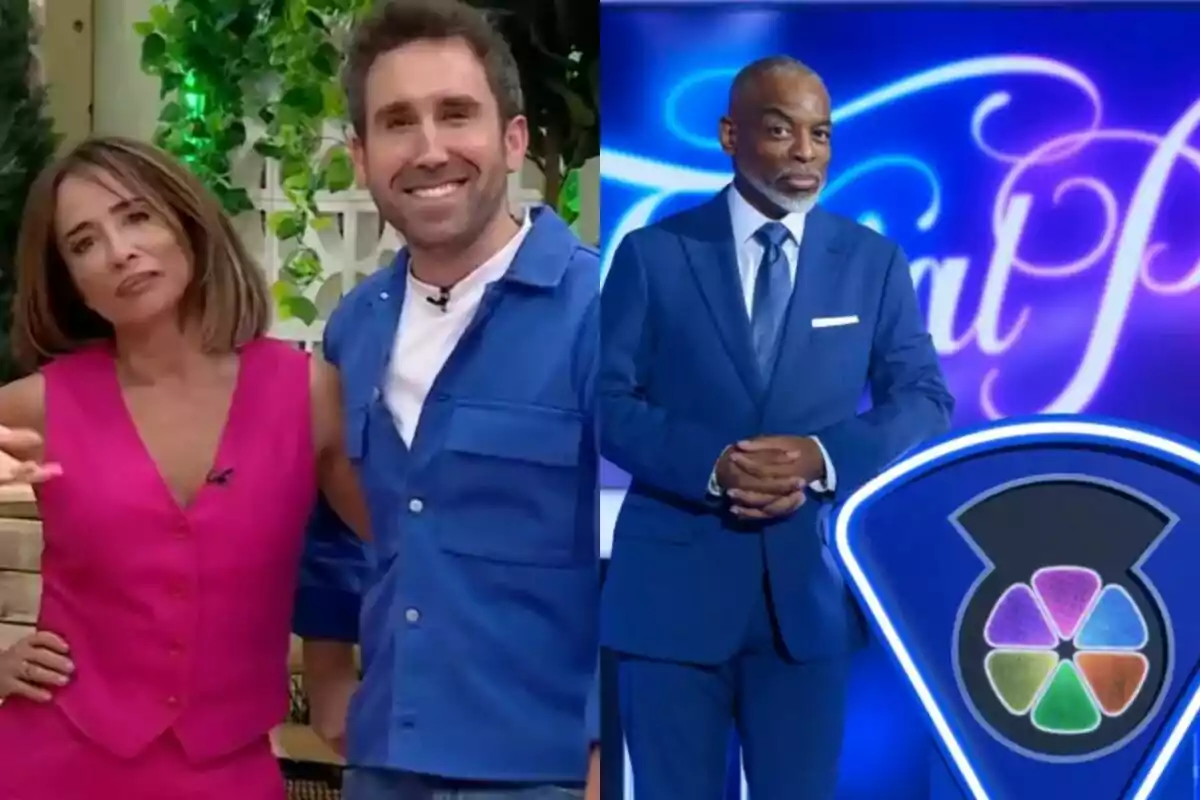 Matía Patiño y Aitor Albizua sonrientes en La Familia de la Tele a la izquierda y un hombre elegante con traje azul en un plató de concurso a la derecha