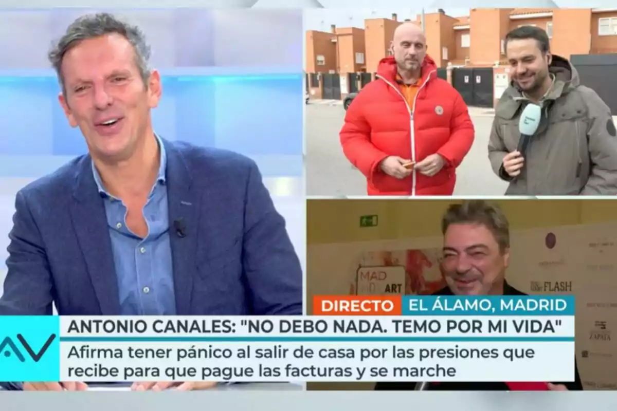 Joaquín Prat sonríe en un estudio mientras en la pantalla se muestran dos reporteros en exteriores y un hombre en una entrevista, con un texto que menciona a Antonio Canales y su temor por las presiones que recibe en Vamos a ver. Joaquín Prat sonríe en un estudio mientras en la pantalla se muestran dos reporteros en exteriores y un hombre en una entrevista, con un texto que menciona a Antonio Canales y su temor por las presiones que recibe en Vamos a ver.