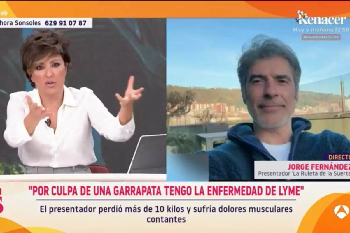 Sonsoles Ónega gesticula mientras habla, y en una pantalla dividida aparece Jorge Fernández al aire libre con un paisaje de fondo, junto a un texto que menciona la enfermedad de Lyme y la pérdida de peso del presentador en 'Y ahora Sonsoles'. Sonsoles Ónega gesticula mientras habla, y en una pantalla dividida aparece Jorge Fernández al aire libre con un paisaje de fondo, junto a un texto que menciona la enfermedad de Lyme y la pérdida de peso del presentador en 'Y ahora Sonsoles'.