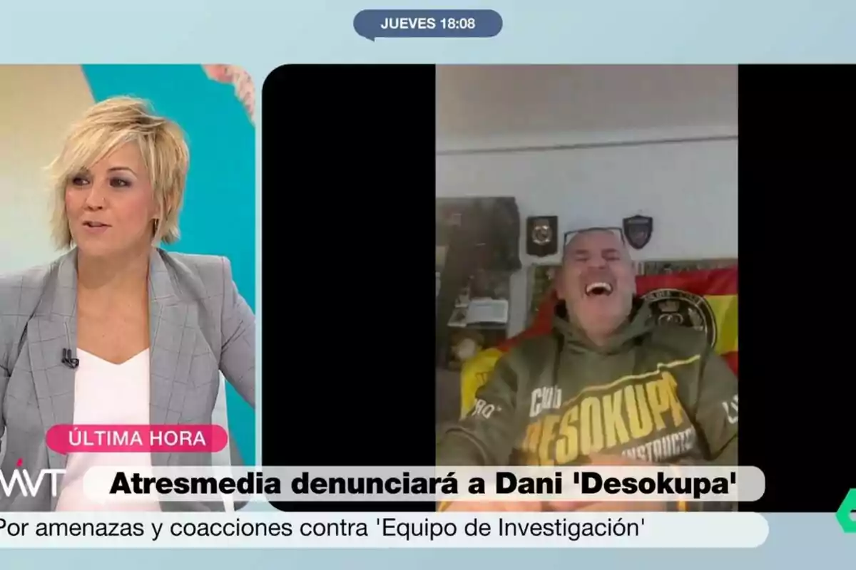 Cristina Pardo en Más Vale Tarde junto a un hombre riendo en una videollamada, con un titular que dice Cristina Pardo en Más Vale Tarde junto a un hombre riendo en una videollamada, con un titular que dice