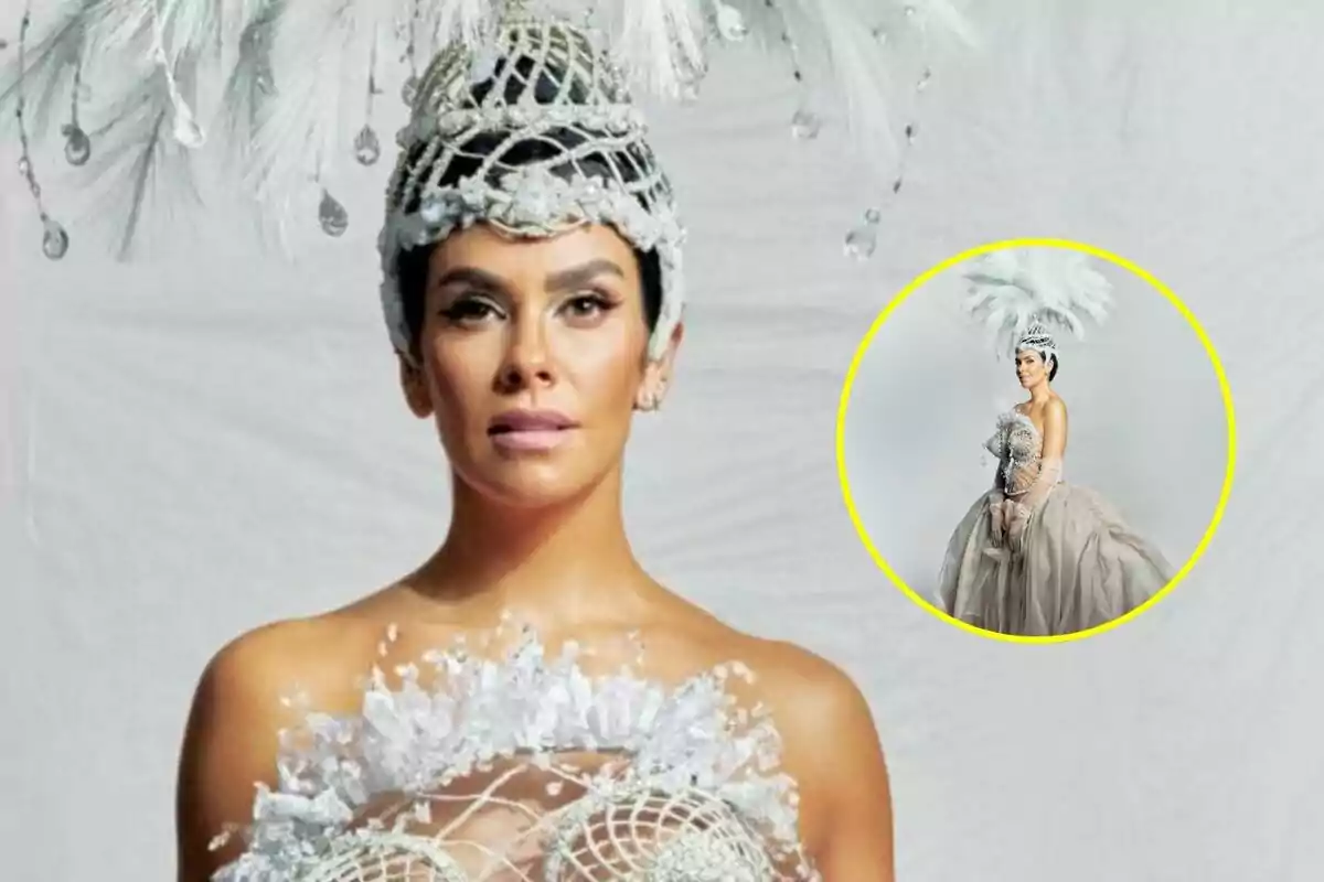 Cristina Pedroche con un elaborado tocado de plumas y un vestido decorado con detalles brillantes.