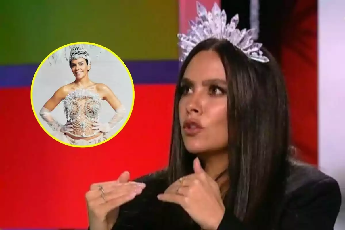Cristina Pedroche con corona de cristal gesticulando mientras habla en Zapeando, con un recuadro circular que muestra a la misma mujer con un elaborado vestido blanco.