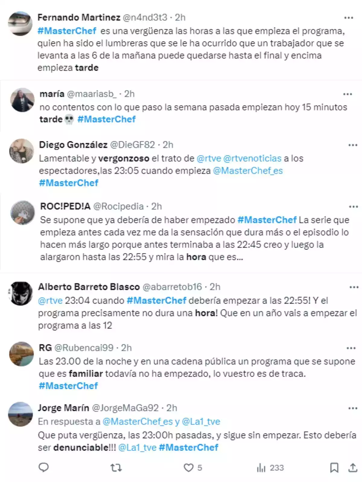 Montaje de una recopilación de críticas contra MasterChef por el horario Montaje de una recopilación de críticas contra MasterChef por el horario