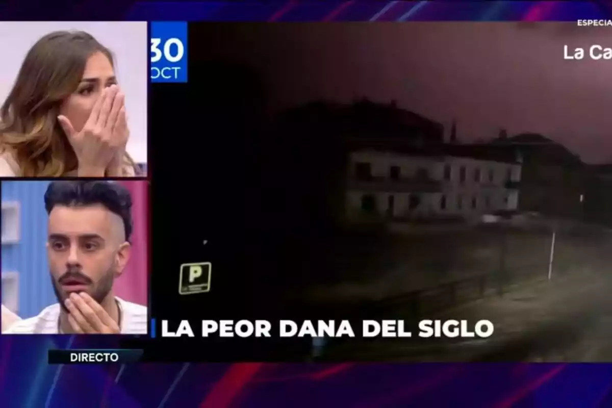 Persones sorpreses observen imatges d'un esdeveniment climàtic extrem a Gran Hermano en directe. Persones sorpreses observen imatges d'un esdeveniment climàtic extrem a Gran Hermano en directe.