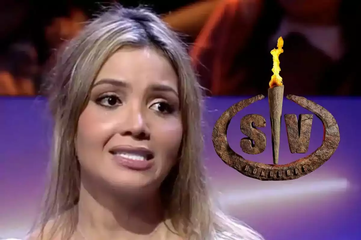 Daniela Cano amb expressió facial seriosa i el logotip de Supervivientes amb una torxa encesa.