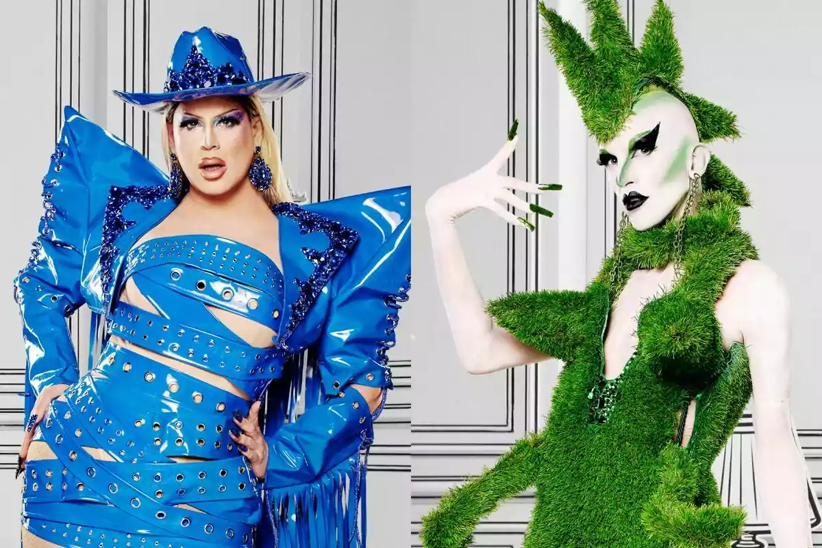 Dita Dubois i Kelly Passa!? posen amb vestits extravagants, una amb un vestit blau brillant i l'altra amb un vestit verd que sembla fet de gespa a Drag Race España.