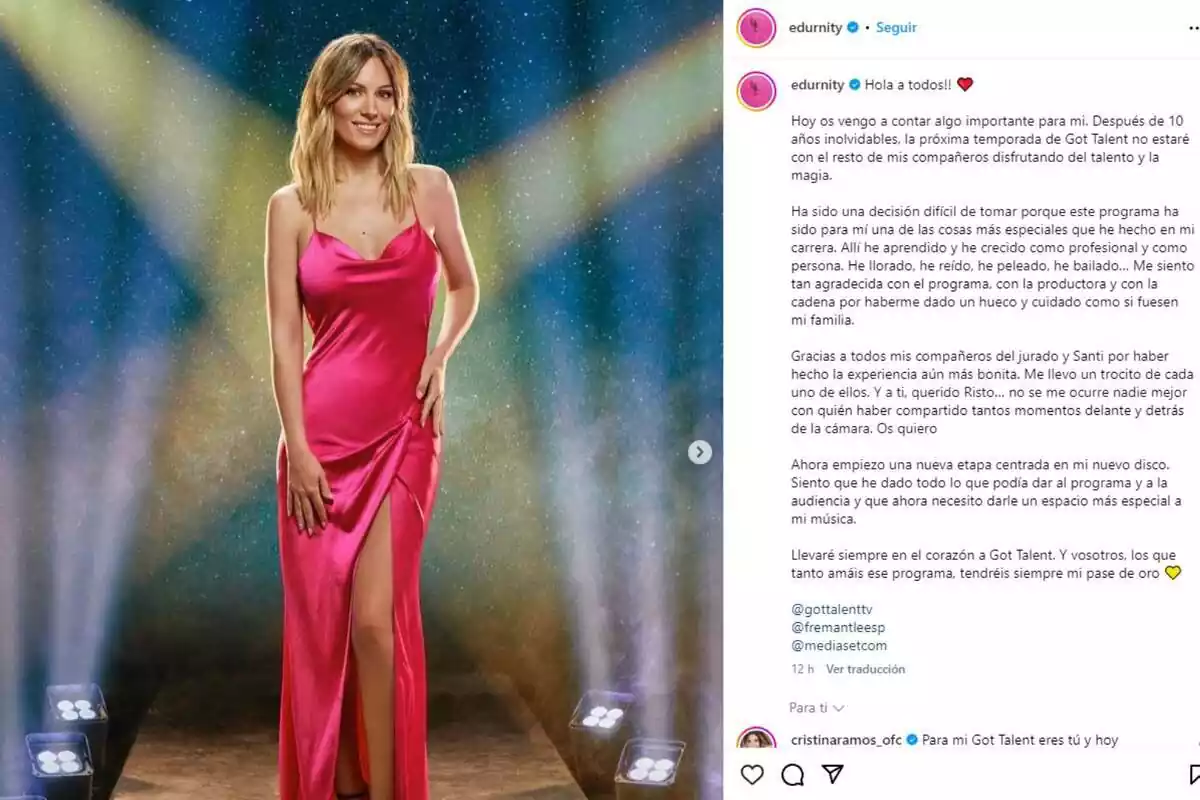 Post de Edurne en Instagram con un vestido rosa largo y anunciado que deja 'Got Talent' el 12 de marzo de 2024 Post de Edurne en Instagram con un vestido rosa largo y anunciado que deja 'Got Talent' el 12 de marzo de 2024