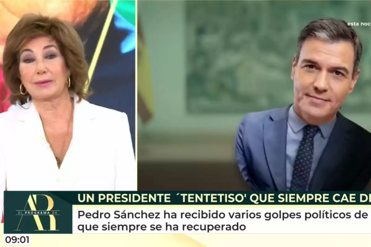 Ana Rosa Quintana está en un programa con Pedro Sánchez en una pantalla al lado. Captura de 'El Programa de Ana Rosa' Ana Rosa Quintana está en un programa con Pedro Sánchez en una pantalla al lado. Captura de 'El Programa de Ana Rosa'
