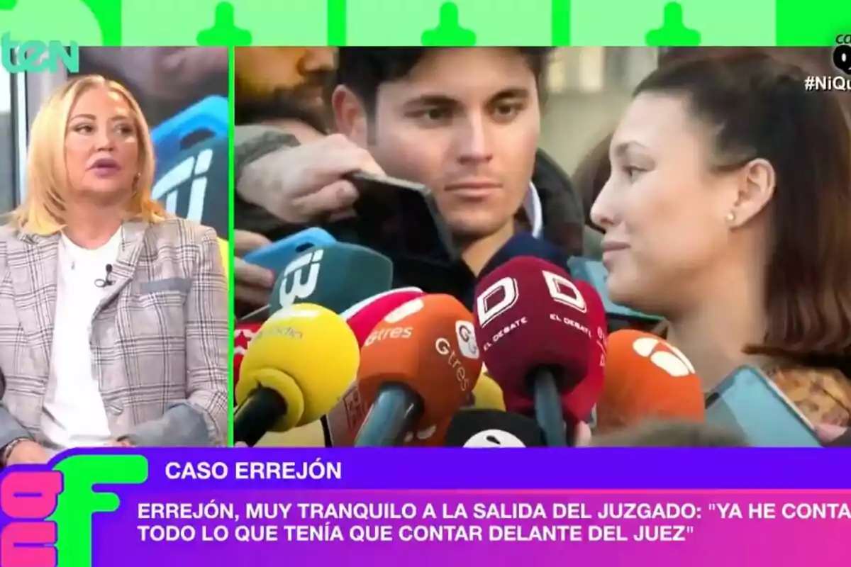 Belén Esteban en 'Ni que fuéramos' y una escena de una conferencia de prensa con Elisa Mouliaá y micrófonos de diferentes medios. Belén Esteban en 'Ni que fuéramos' y una escena de una conferencia de prensa con Elisa Mouliaá y micrófonos de diferentes medios.