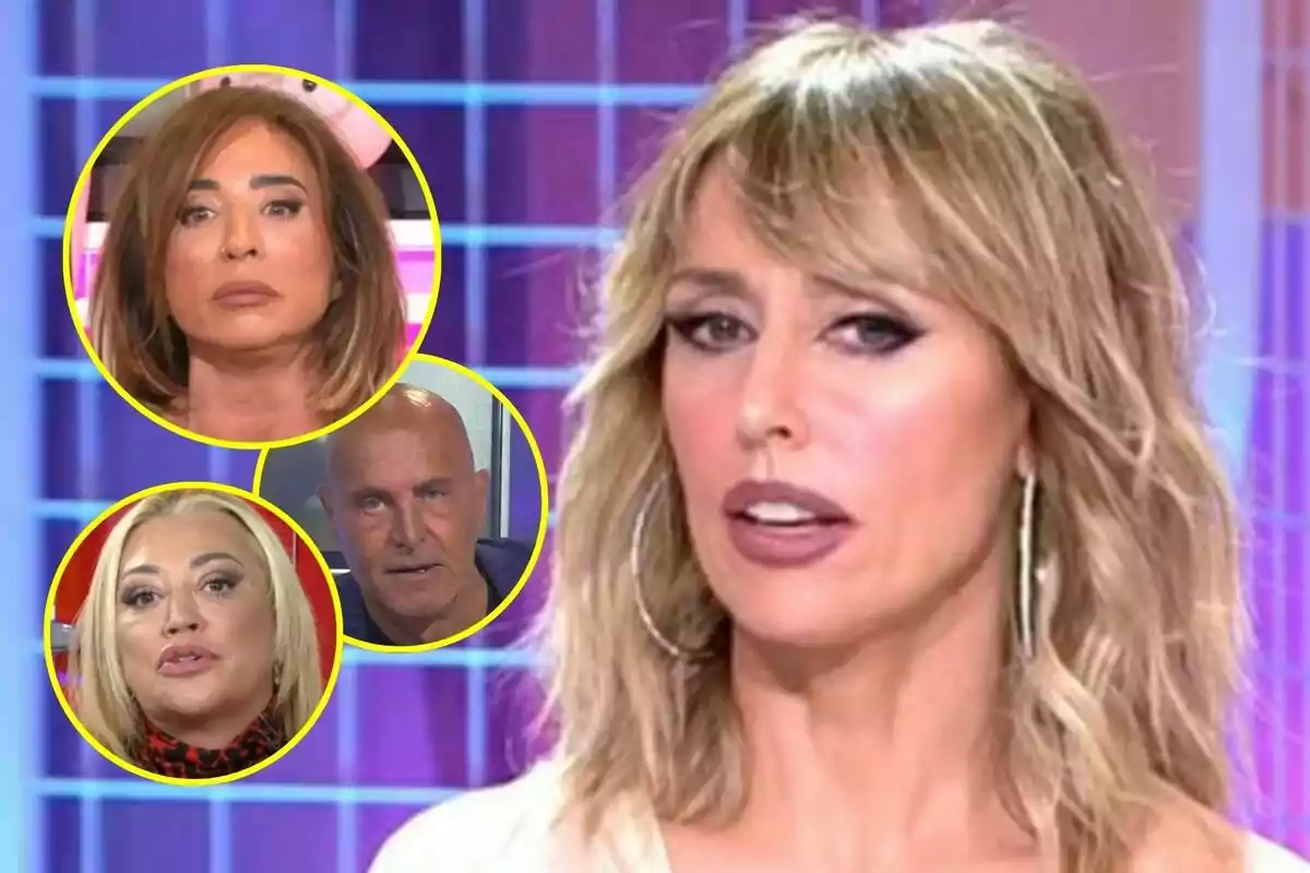 Emma García rubia en Fiesta en primer plano de María Patiño, Kiko Matamoros y Belén Esteban en Ni que fuéramos en círculos amarillos en el fondo sobre un fondo de líneas azules.
