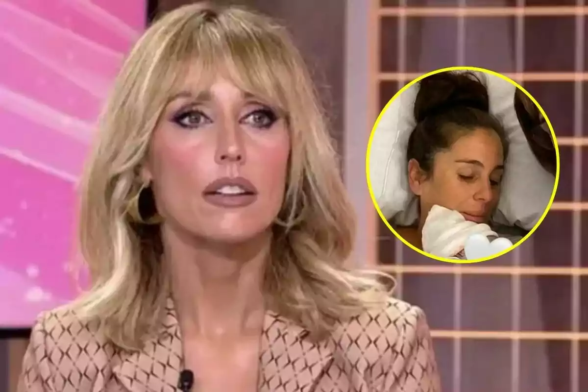 Emma García rubia con expresión seria en Fiesta, con un recuadro circular que muestra a Anabel Pantoja acostada con un bebé.