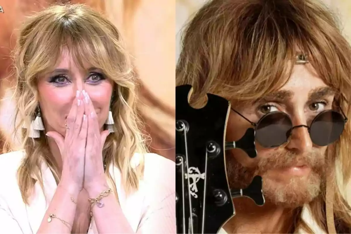 Emma García con expresión emocionada en Fiesta y ella misma disfraza de hombre con gafas de sol y barba postiza. Emma García con expresión emocionada en Fiesta y ella misma disfraza de hombre con gafas de sol y barba postiza.
