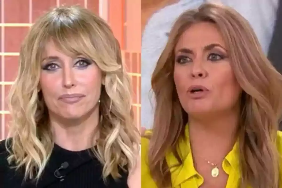Dues dones amb cabell ros i maquillatge pronunciat apareixen en un programa de televisió, Emma García porta una brusa negra a Festa i Pepa Romero una brusa groga a Y ahora Sonsoles.