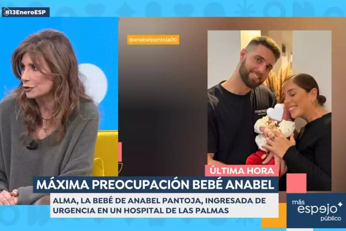 Gema López parlant en un programa de televisió amb un requadre que mostra David Rodríguez i Anabel Pantoja sostenint un nadó i un text que informa sobre l'hospitalització d'un nadó anomenat Alma a Las Palmas. Captura d''Espejo Público'