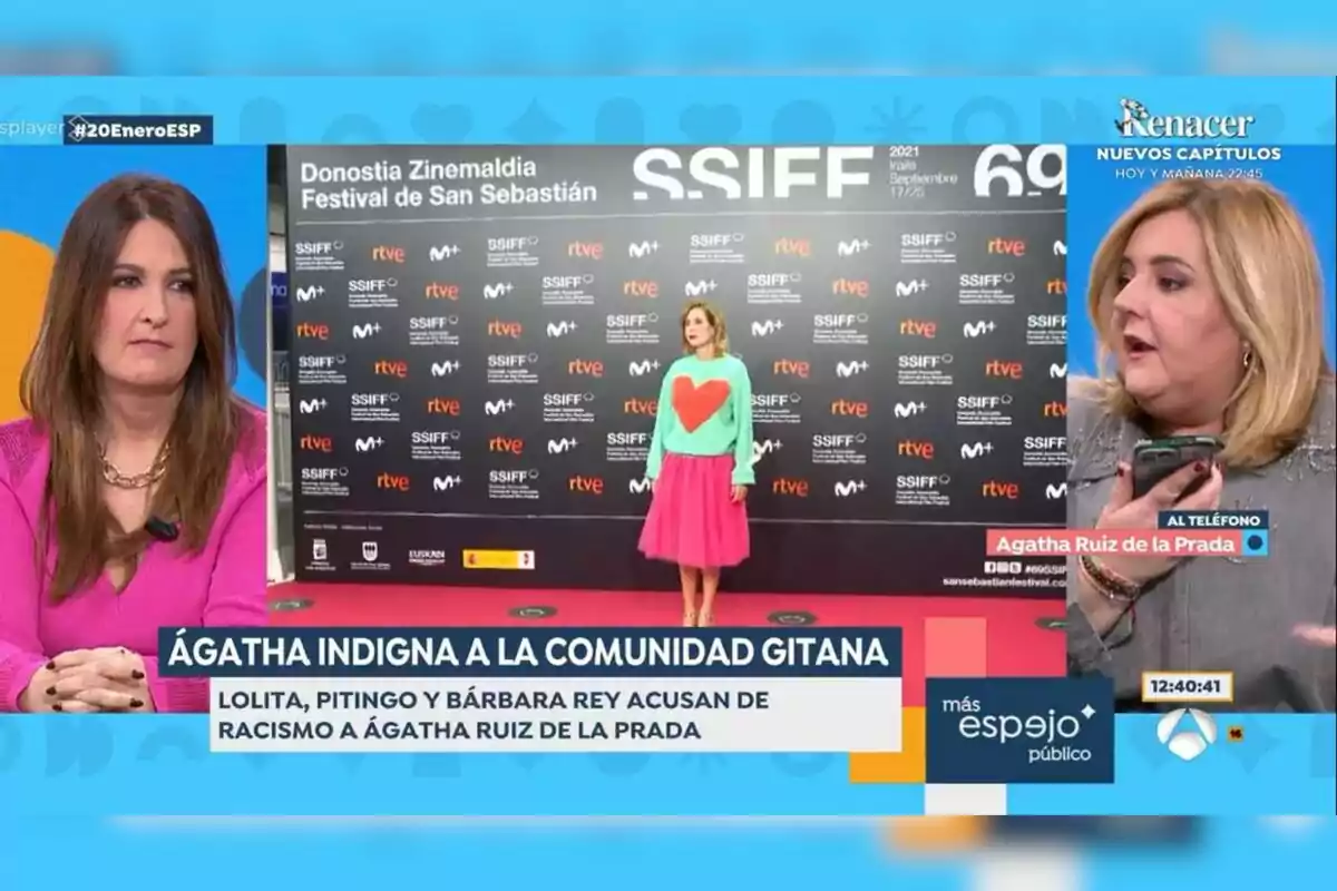 Una imagen de un programa de televisión que muestra a Laura Fa y Pilar Vidal en un debate sobre un tema relacionado con la comunidad gitana y una figura pública, con un fondo que incluye un evento del Festival de San Sebastián. Captura de 'Espejo Público' Una imagen de un programa de televisión que muestra a Laura Fa y Pilar Vidal en un debate sobre un tema relacionado con la comunidad gitana y una figura pública, con un fondo que incluye un evento del Festival de San Sebastián. Captura de 'Espejo Público'