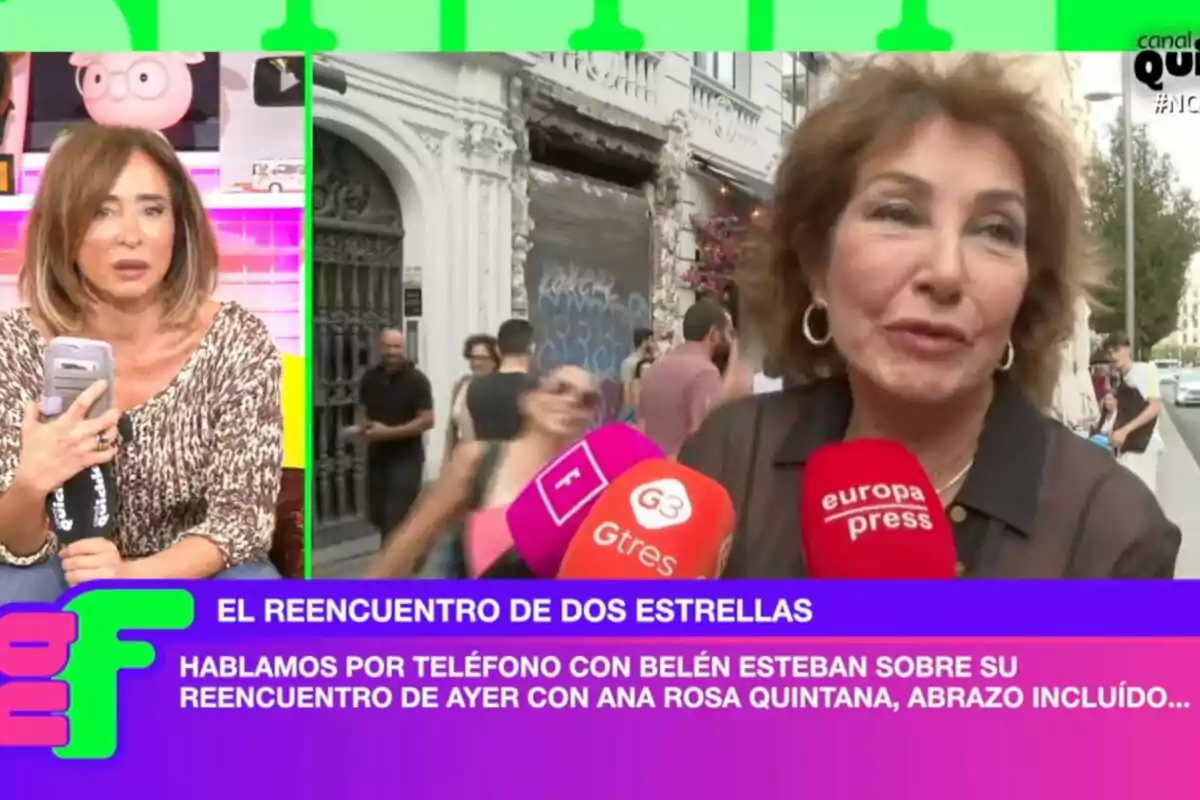 En la imagen se observa a María Patiño en 'Ni que fuéramos' e imágenes de Ana Rosa Quintana, una de ellas está en un estudio sosteniendo un teléfono, mientras que la otra está en la calle rodeada de micrófonos de prensa, con un texto en la parte inferior que menciona un reencuentro entre dos estrellas. En la imagen se observa a María Patiño en 'Ni que fuéramos' e imágenes de Ana Rosa Quintana, una de ellas está en un estudio sosteniendo un teléfono, mientras que la otra está en la calle rodeada de micrófonos de prensa, con un texto en la parte inferior que menciona un reencuentro entre dos estrellas.