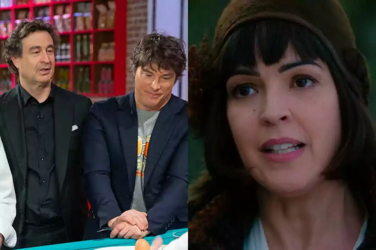 Pepe Rodríguez i Jordi Cruz dempeus a MasterChef al costat de Verónica Sánchez amb expressió seriosa en un entorn exterior de La Favorita 1922.