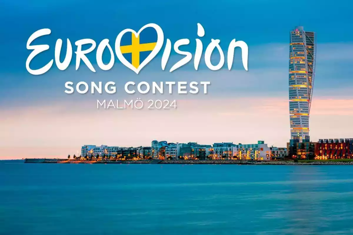 Cartel de Eurovisión 2024 con la ciudad de Malmö de fondo Cartel de Eurovisión 2024 con la ciudad de Malmö de fondo