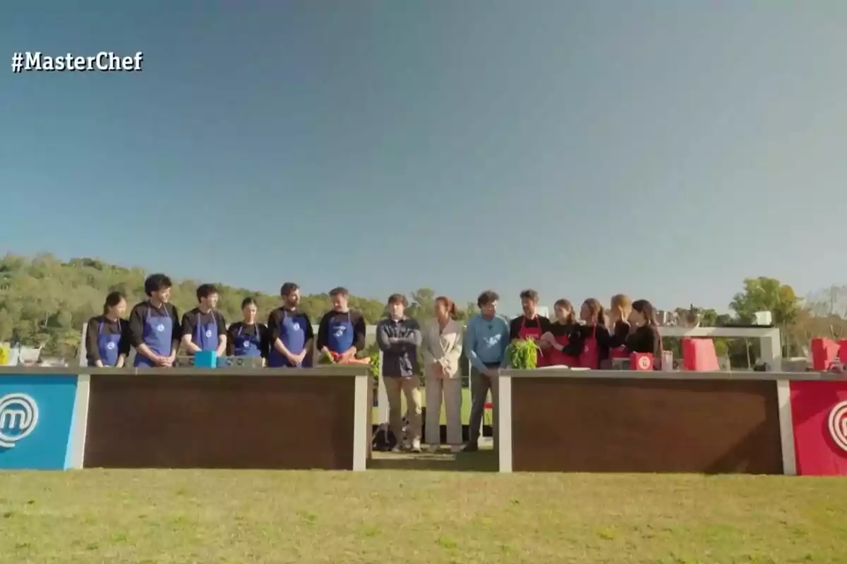 Jurado y aspirantes con delantales de cocina se encuentra al aire libre, divididos en dos equipos frente a mesas de trabajo, con un cielo despejado y árboles al fondo en 'MasterChef'. Jurado y aspirantes con delantales de cocina se encuentra al aire libre, divididos en dos equipos frente a mesas de trabajo, con un cielo despejado y árboles al fondo en 'MasterChef'.