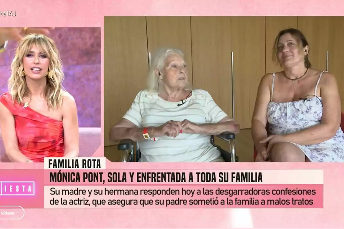 En la imagen aparece Emma García con un vestido rojo sentada en un plató de Fiesta, mientras en otra parte de la pantalla se muestra a una mujer mayor en silla de ruedas y a otra mujer sentada a su lado, ambas en una habitación con fondo de madera, junto a un titular sobre conflictos familiares.