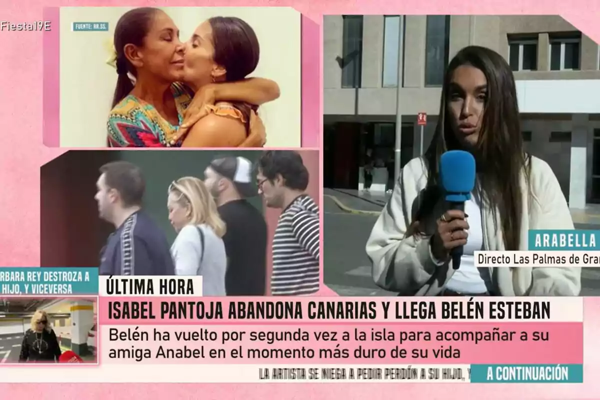 Una reportera de Fiesta está en directo desde Las Palmas de Gran Canaria, mientras en la pantalla se muestran imágenes de varias personas, incluyendo un abrazo entre dos mujeres y un grupo caminando, con un titular que informa sobre Isabel Pantoja abandonando Canarias y la llegada de Belén Esteban. Una reportera de Fiesta está en directo desde Las Palmas de Gran Canaria, mientras en la pantalla se muestran imágenes de varias personas, incluyendo un abrazo entre dos mujeres y un grupo caminando, con un titular que informa sobre Isabel Pantoja abandonando Canarias y la llegada de Belén Esteban.