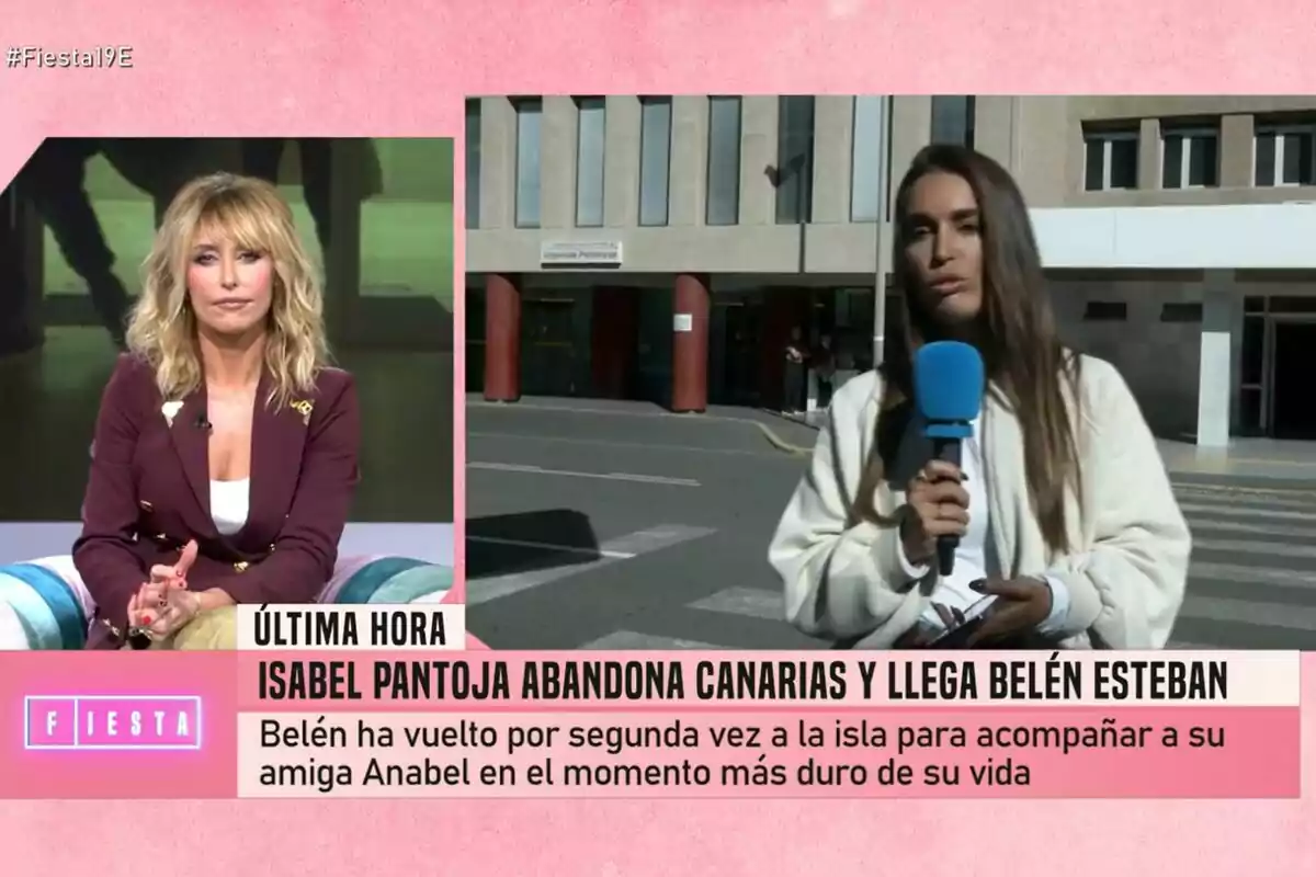 Emma García está en el estudio de Fiesta mientras una reportera informa desde el exterior; el texto en pantalla menciona que Isabel Pantoja abandona Canarias y Belén Esteban llega para apoyar a su amiga Anabel Pantoja. Emma García está en el estudio de Fiesta mientras una reportera informa desde el exterior; el texto en pantalla menciona que Isabel Pantoja abandona Canarias y Belén Esteban llega para apoyar a su amiga Anabel Pantoja.