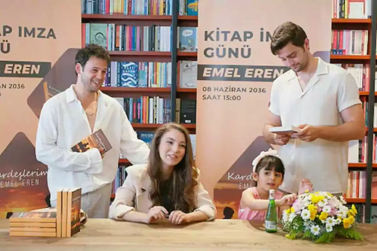 Oğulcan, Emel y Ömer junto a una niña en una librería durante un evento de firma de libros con carteles promocionales en el fondo en Hermanos. Oğulcan, Emel y Ömer junto a una niña en una librería durante un evento de firma de libros con carteles promocionales en el fondo en Hermanos.