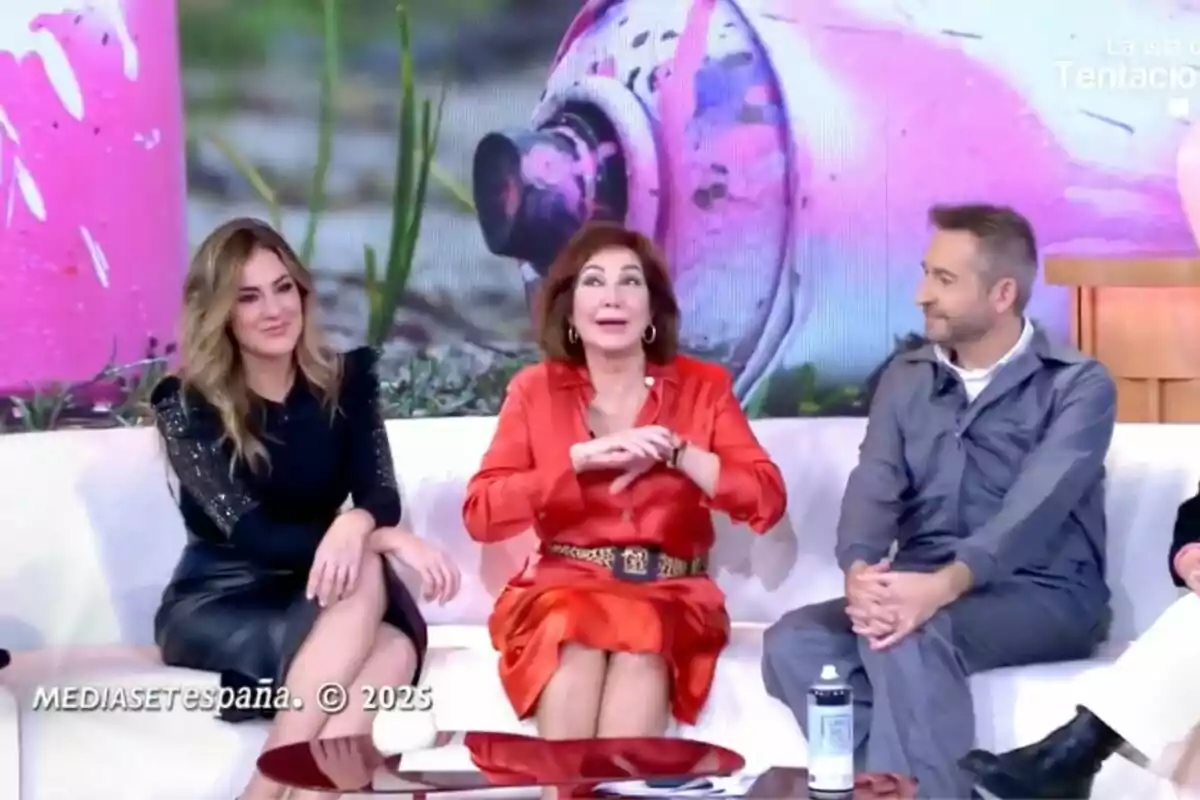 Verónica Dulanto, Ana Rosa Quintana i Frank Blanco asseguts en un sofà durant 'TardeAR', amb un fons acolorit que mostra un pot de pintura en aerosol. Verónica Dulanto, Ana Rosa Quintana i Frank Blanco asseguts en un sofà durant 'TardeAR', amb un fons acolorit que mostra un pot de pintura en aerosol.
