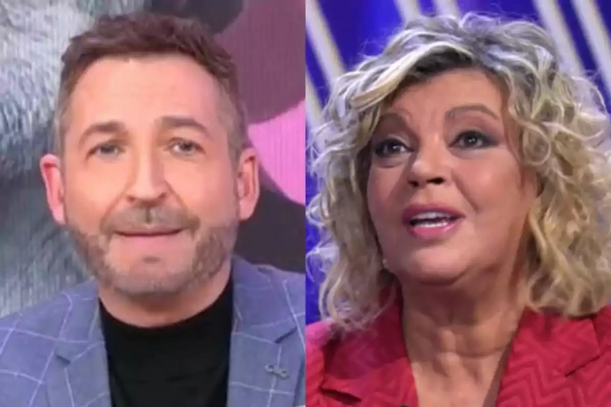 Dos personas en un programa de televisión, Frank Blanco con chaqueta azul en Tardear y Terelu Campos con chaqueta roja en De Viernes, ambas mirando hacia la cámara.