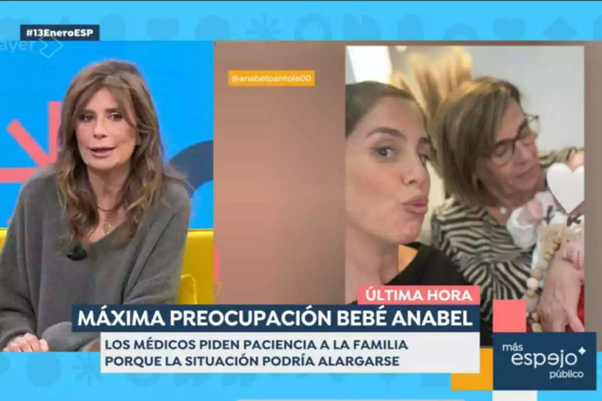 Gema López a Espejo Público amb una imatge de dues persones, Anabel Pantoja i la seva mare Merchi sostenint un nadó, amb un text que indica preocupació per la salut del nadó.