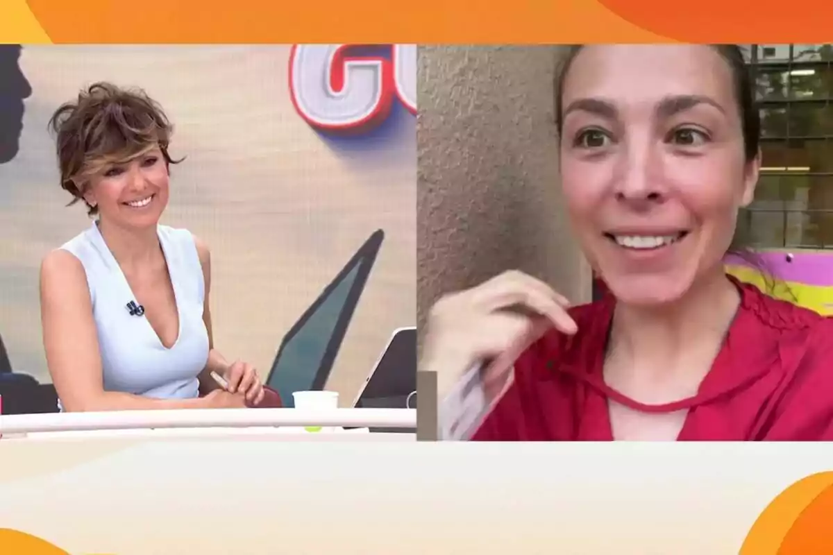 Sonsoles Ónega y Gisela Lladó sonrientes en una videollamada, una en el plató de Y ahora Sonsoles y la otra al aire libre. Sonsoles Ónega y Gisela Lladó sonrientes en una videollamada, una en el plató de Y ahora Sonsoles y la otra al aire libre.