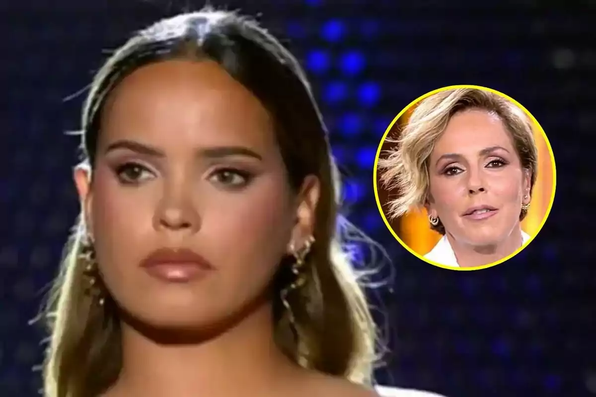 Gloria Camila joven con expresión seria en De Viernes en primer plano y un recuadro circular con Rocio Carrasco de cabello corto en el fondo.