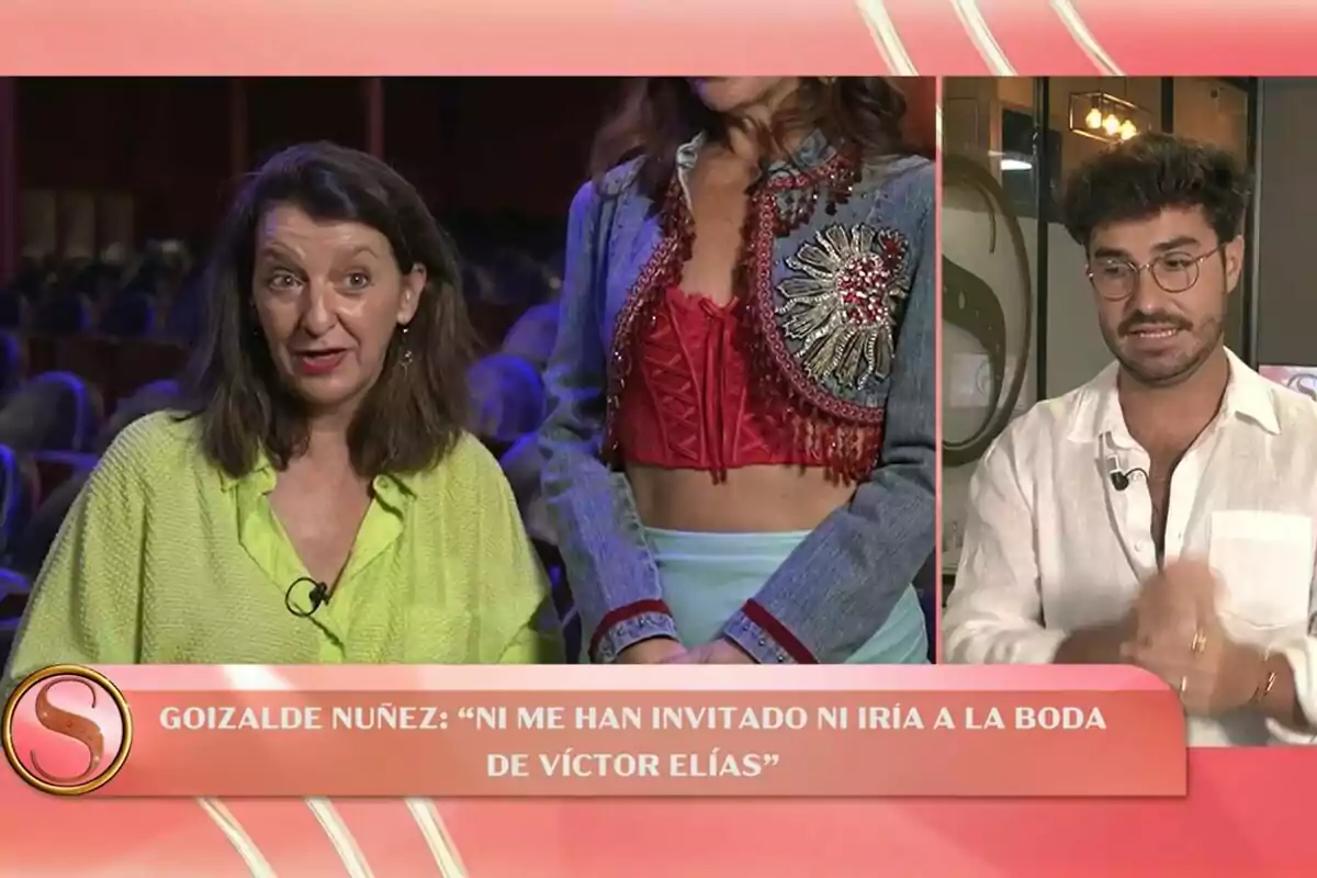 Imatge de Socialité amb Goizalde Núñez amb cabell fosc i brusa verda parlant, acompanyada d'una altra persona amb una jaqueta decorada i un home amb ulleres i camisa blanca, amb un text a la part inferior que diu: Imatge de Socialité amb Goizalde Núñez amb cabell fosc i brusa verda parlant, acompanyada d'una altra persona amb una jaqueta decorada i un home amb ulleres i camisa blanca, amb un text a la part inferior que diu: