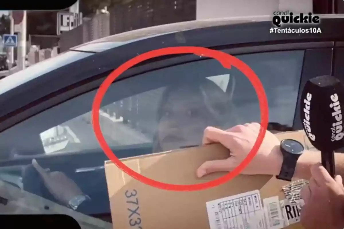 Cristina Tárrega dentro de un automóvil es captada a través de la ventana mientras Gonzalo Vázquez afuera sostiene una caja y un micrófono con el logo de Cristina Tárrega dentro de un automóvil es captada a través de la ventana mientras Gonzalo Vázquez afuera sostiene una caja y un micrófono con el logo de
