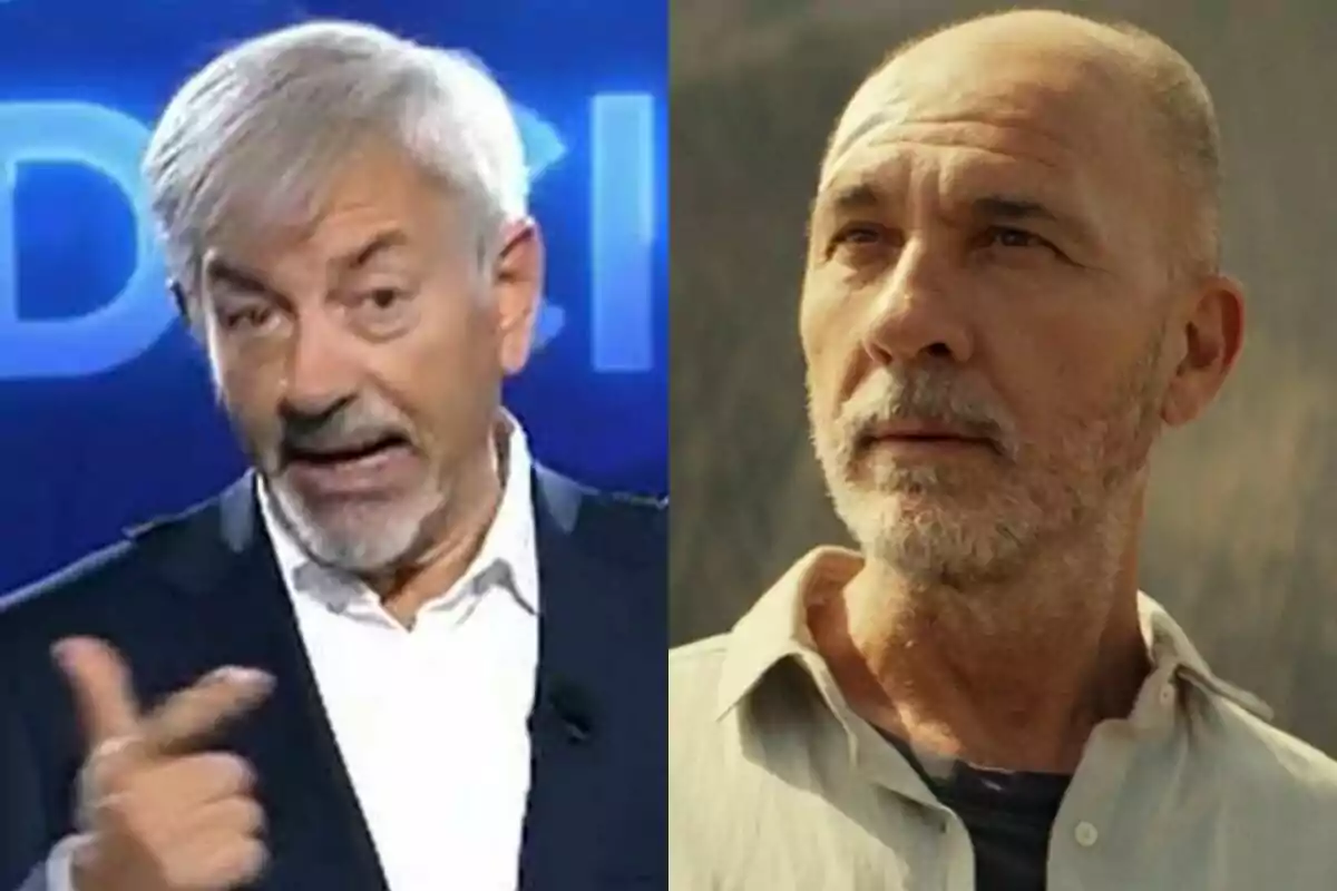 Carlos Sobera parlant a GH DUO a l'esquerra amb Dario Grandinetti amb expressió seriosa a Honor a la dreta.